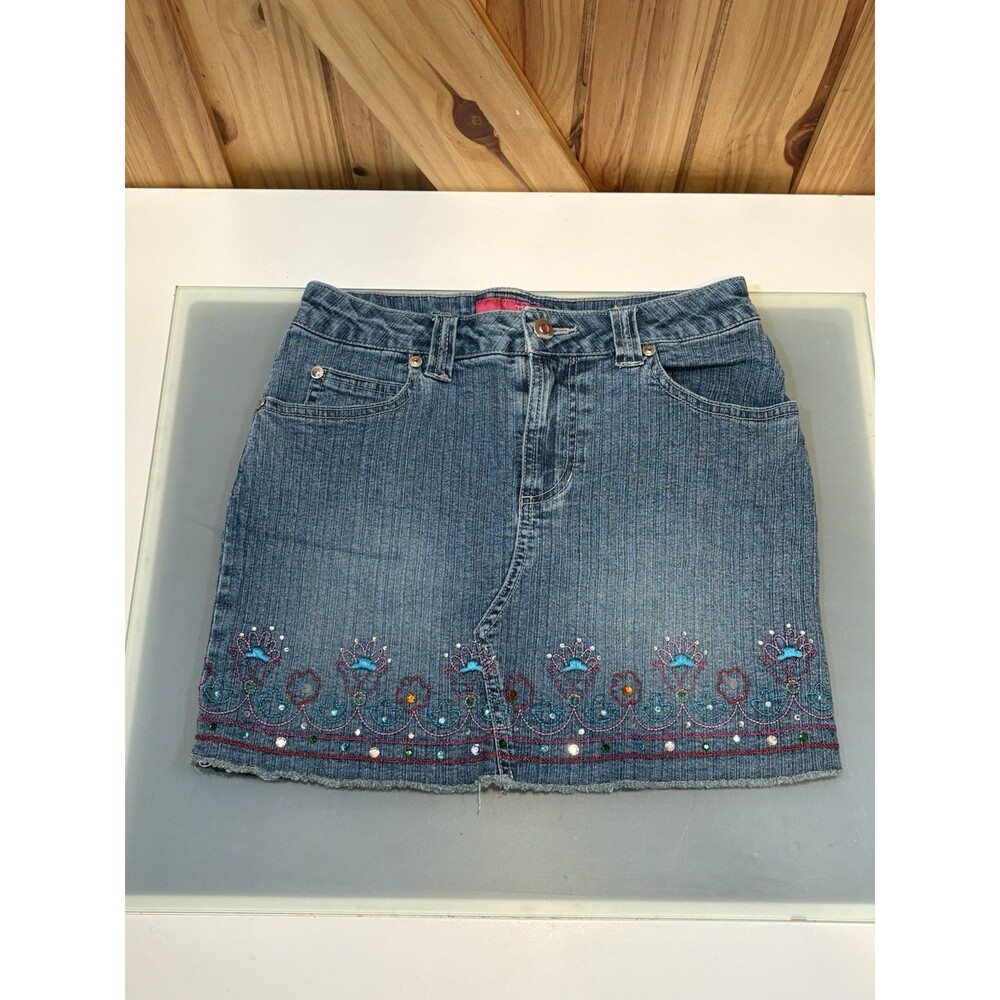 Vintage Girl's Denim Embellished Rhinestones Mini Skirt Thalia Sodi Size 12 Y2K